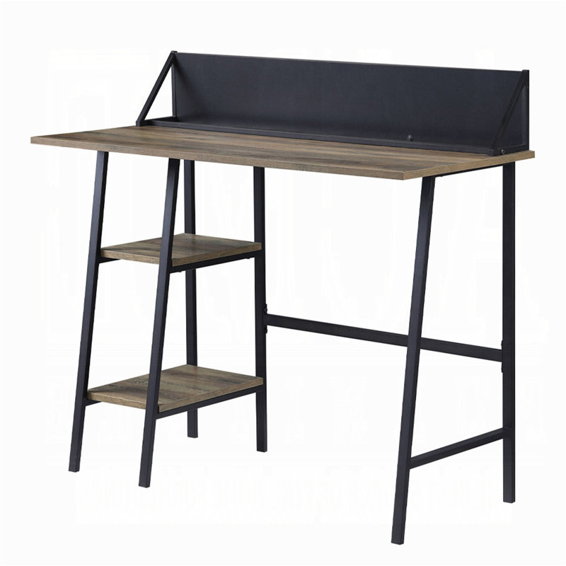 Rustic Oak And Black 2-Shelf Writing Desk With H-Shaped Base