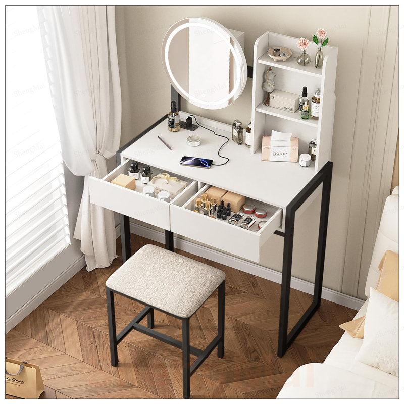 Compact Vanity Desk with LED Mirror, 3 Lighting Modes, Power Outlet, Drawer, Shelves, and Cushioned Stool for Small Spaces