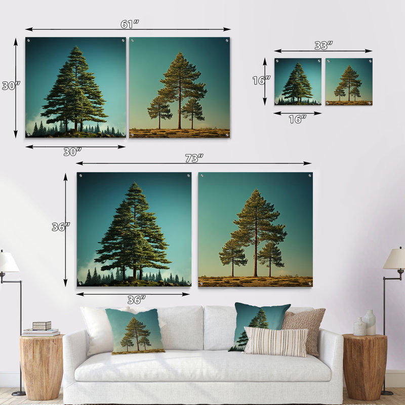 «Pine Tree Perspectives in Forest» - Ensemble de 2 peintures murales en acrylique, H 16 po x l 33 po