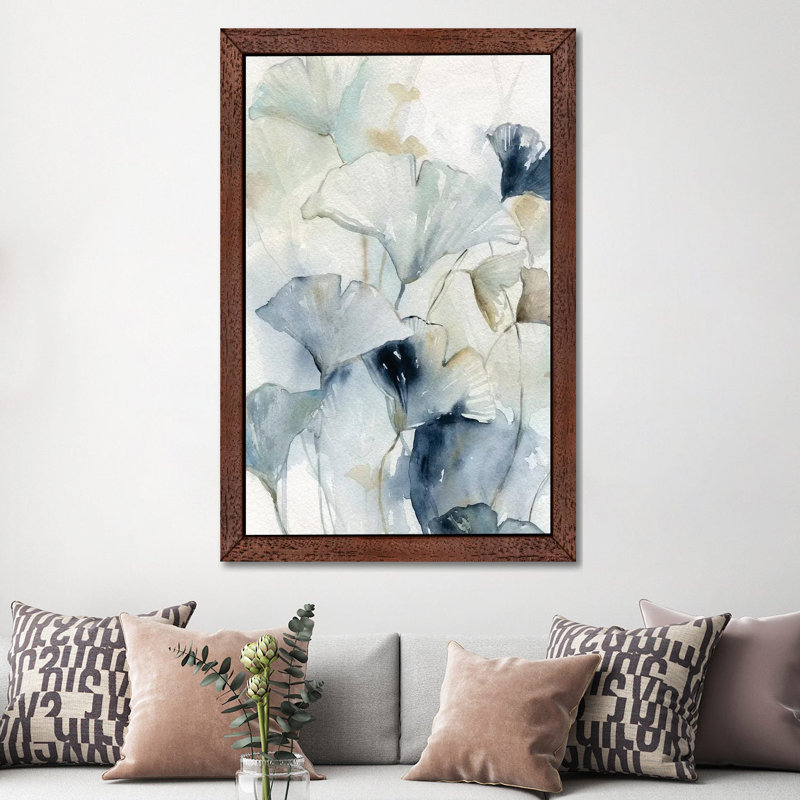 Indigo Gingko I - Painting on Canvas, 66.04 cm H x 45.72 cm W, Brown Framed