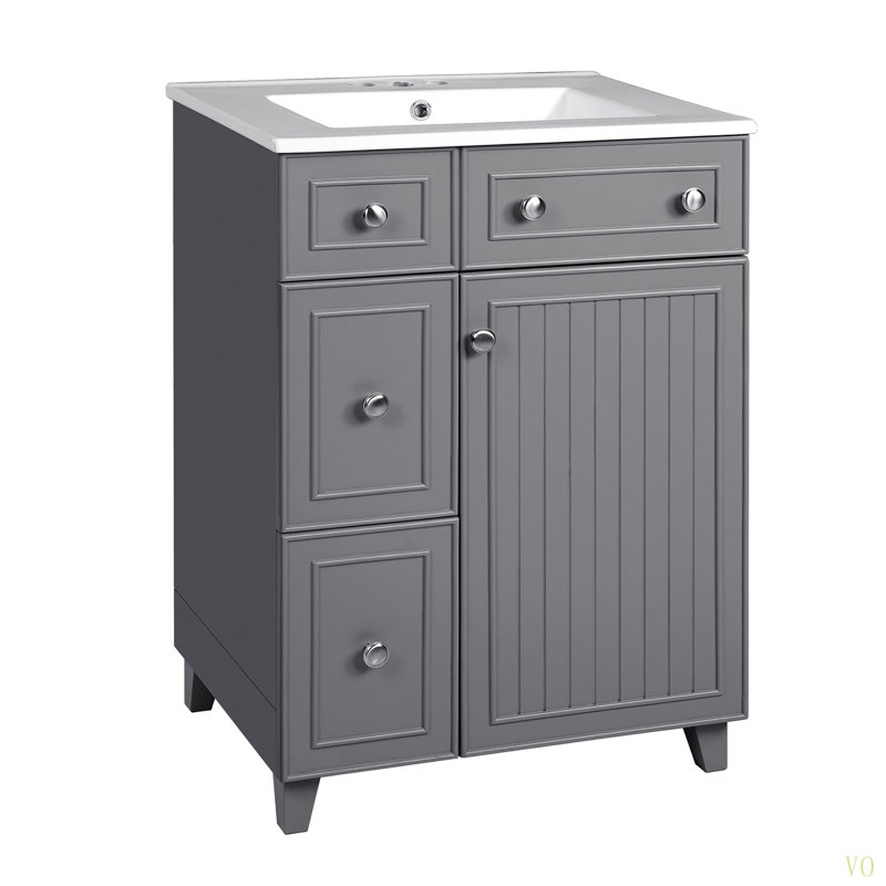 Meuble-lavabo 24 po avec lavabo en céramique, 2 tiroirs, 1 porte à fermeture en douceur, Gris, Argent argent