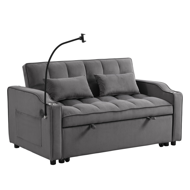 Canapé-lit convertible moderne en velours gris foncé avec ports USB, futon inclinable réglable et lit gigogne pour petits espaces