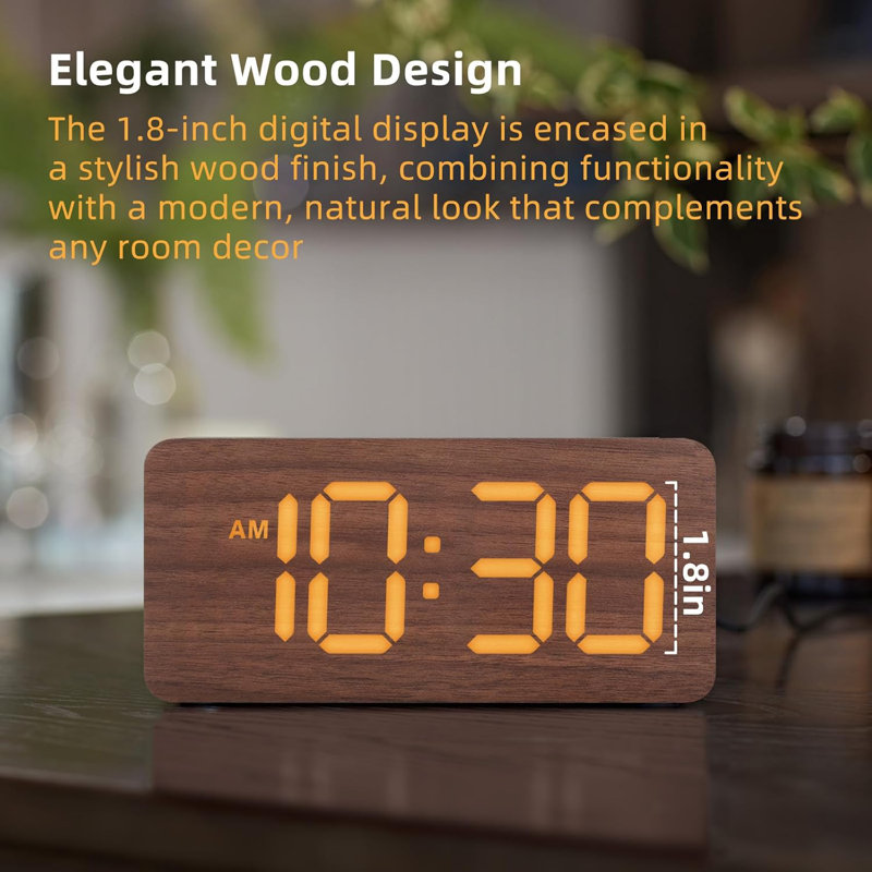 Wooden Digital Alarm Clocks For Bedrooms: Dimmable Dual Alarm Clock With Large Numbers For Bedside Desk - Brown