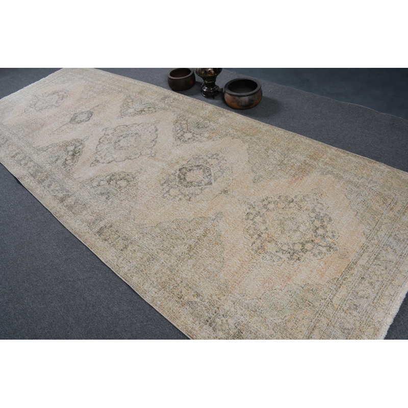 Tapis de couloir turc Oushak rétro fabriqué à la main de style classique beige / vert