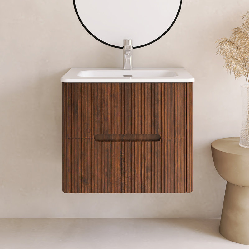 Ensemble de meuble-lavabo mural 24 po avec comptoir intégré en céramique, Noyer