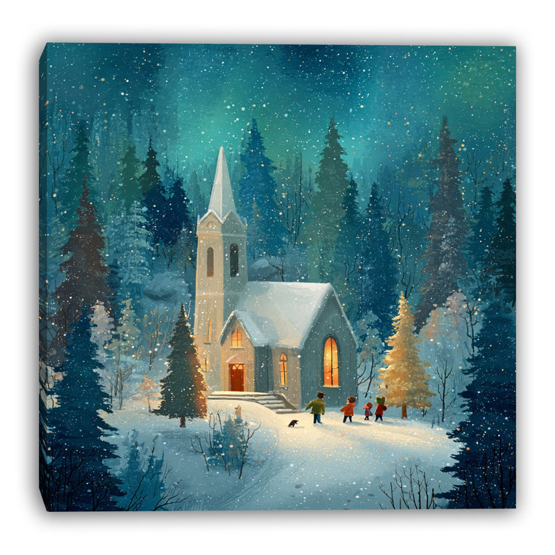 Art mural sur toile chapelle dans la neige, H 12 po x l 12 po