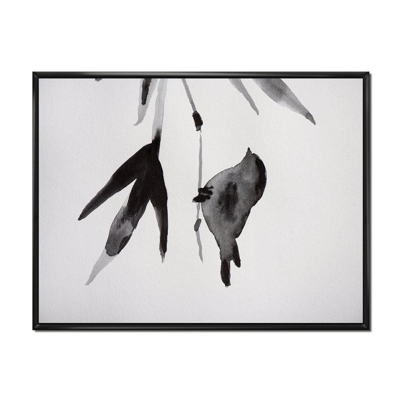 Oiseau japonais rétro sur une branche - peinture sur toile, H 30 po x l 40 po, Cadre flottant noir