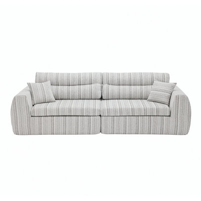 Chenille Stripe Fabric Compressed Sponge Sofa, 3-Seater Modern Upholstered Couch with Throw Pillows for Living Room, Apartment, Small Space(White & Taupe)