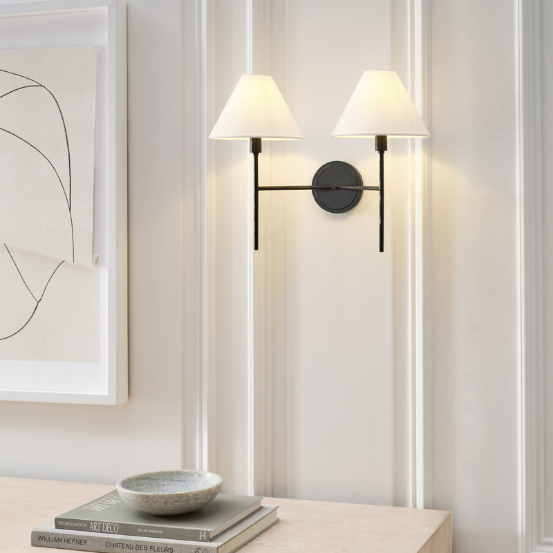 Chapman & Myers Ridgewood Bathroom Bedroom Wall Fixture With White Linen Shade, 14.25" H x 19" W x 9.375" D, Aged Iron