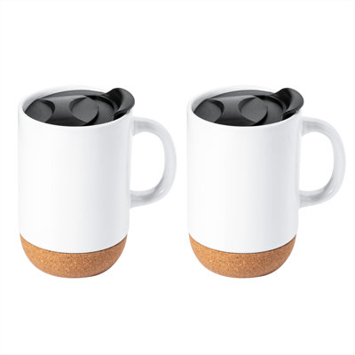 Gibson Home Modani 2 Pack Large 16.5 OZ Ceramic Mugs Set With Removable Cork Bottom And Lid - Black