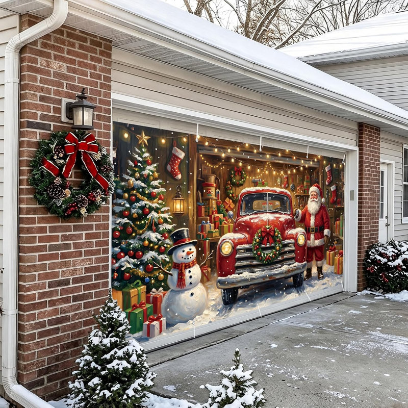 Bannière de porte de garage de Noël de 4,88 m x 2,13 m, camion rouge vintage, décor extérieur pour garage double