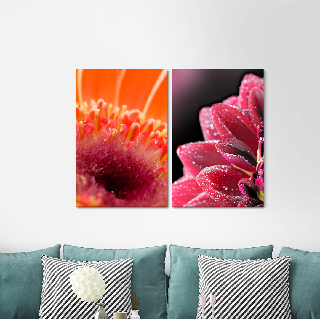 2-tlg. Leinwandbilder-Set - Grafikdruck „Flowers Red Zinniassoft”