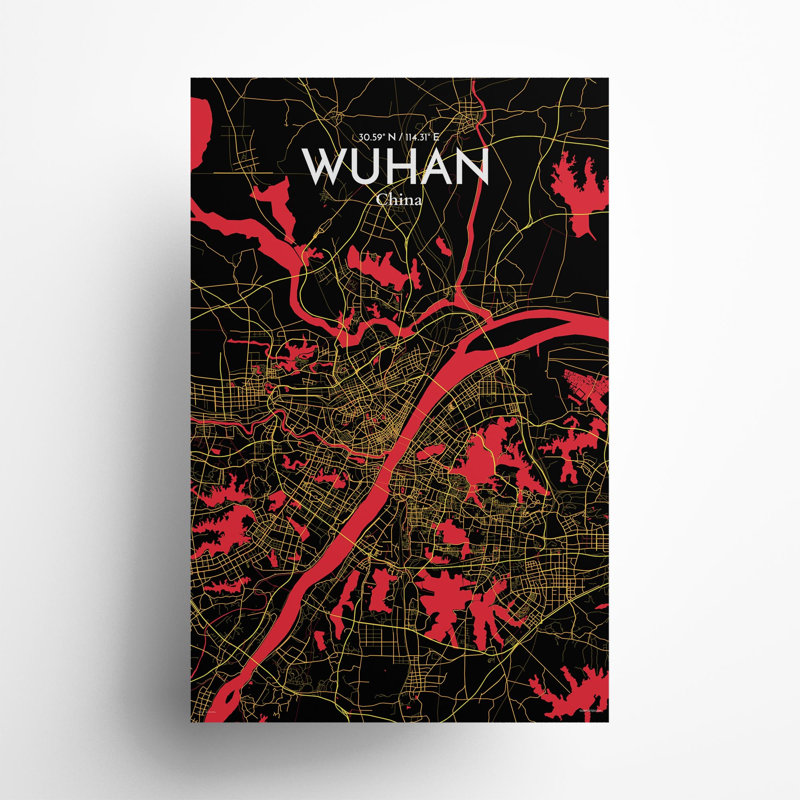 Carte de la ville de Whan, impression, H 17 po x l 11 po, Noir / rouge / jaune
