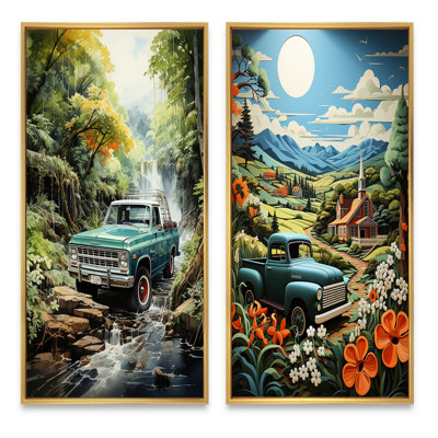 «Green Pickup Truck Enchanting Waterfall», 2 pièces