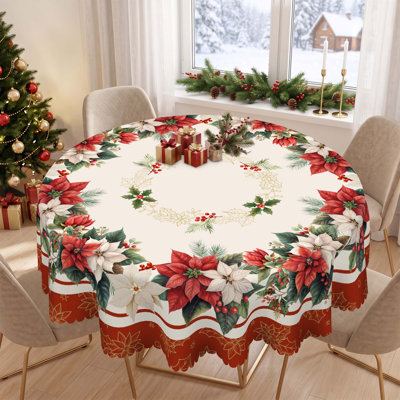 1pc round/rectangular polyester Edford, Christmas Edford with pine, snowman, truck, embosed edge, Christmas decorations for dining table, festival party holiday table decoration, perfect festival gift