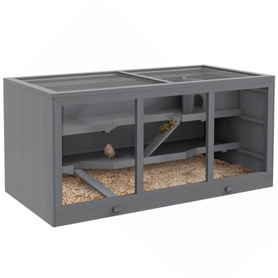 Extra Large Wooden Hamster Cage, Gerbil Cage, And Other Small Animal Habitat, Hamster Habitat With Opening Roof, Hut, Ramps, Gray