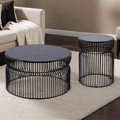 CT901 & ET901 Set Modern Contemporary Metal Nested Base And Tinted Tempered Glass Top Material 30" Round Coffee Table, 21"Height End Table, Side Table For Living Room