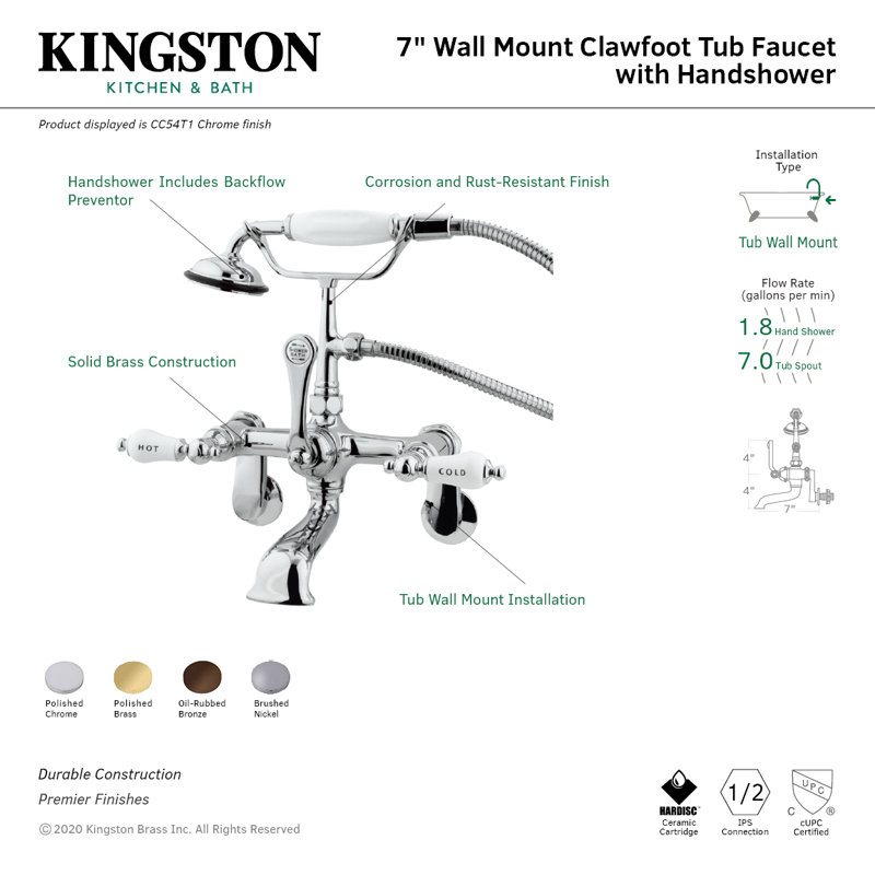 Robinet de baignoire mural à 3 poignées et 2 pattes avec douche à main Kingston Kingston, Laiton poli
