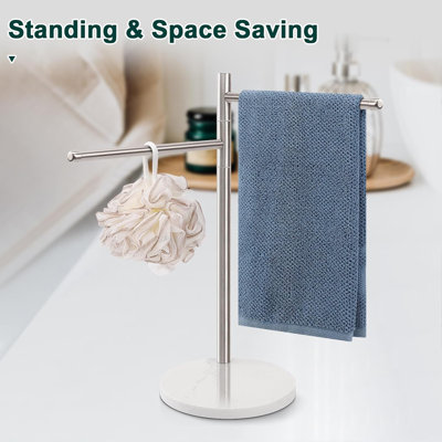 F-Shape Hand Towel Stand With Marble Base, Stainless Steel Swivel Towel Rack For Bathroom Or Kitchen Countertop, Space-Saving Design With Non-Slip Pads