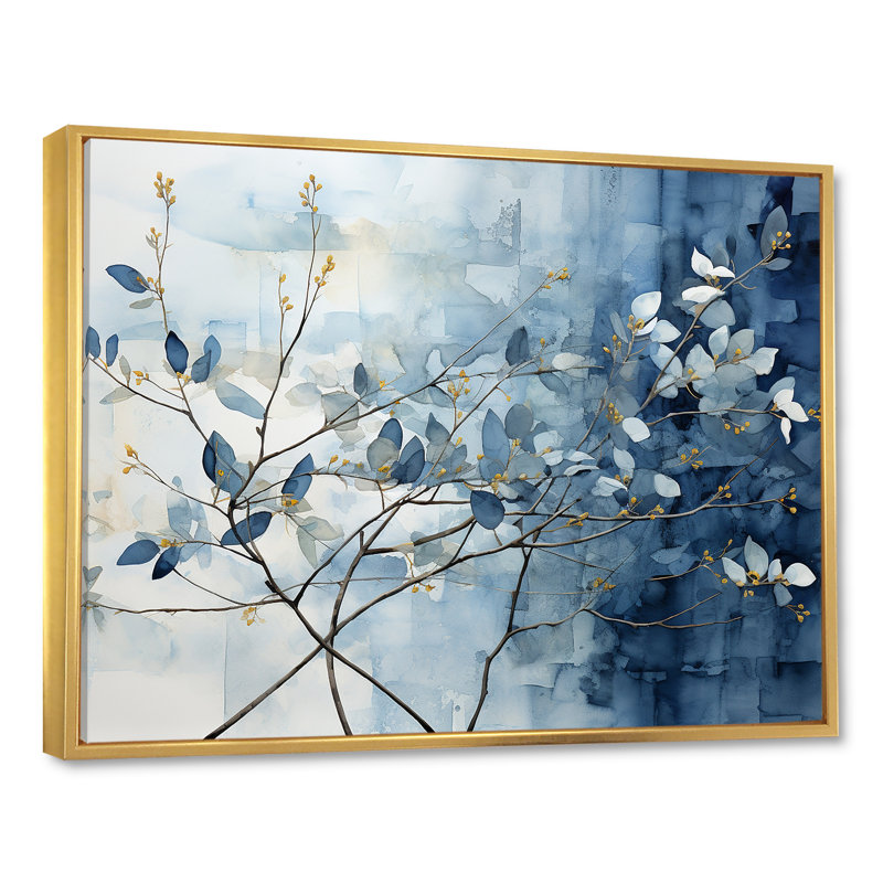 Art mural bleu et gris sur une branche I - Feuilles, H 16 po x l 32 po x P 1 po, Cadre flottant doré