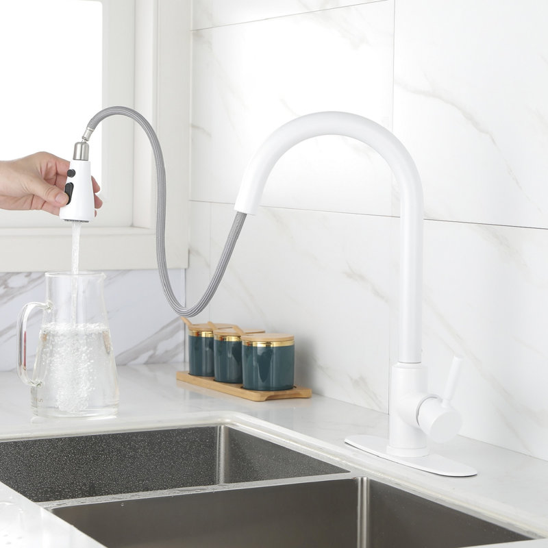 White Stainless Steel Kitchen Faucet, Pull Out Spray Head Included, Modern Design For Stylish Kitchen, 360 Rotatable Nozzle, Two Water Output Options, Easy Single Handle Control Faucet In Steel,