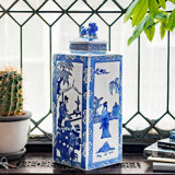 20" Blue & White Square Fu Dog Jar