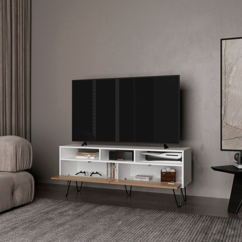 Glenns Ferry Light Oak And White TV Stand With Sleek Hairpin Legs For Minimalist Living Rooms