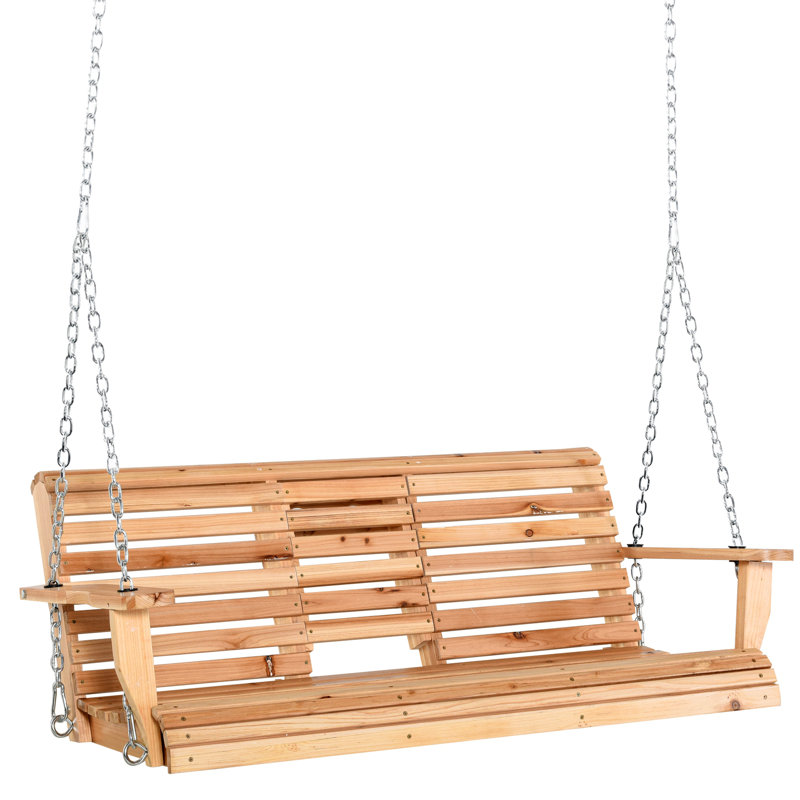 Balancelle de patio en bois 3 places, banc de patio avec table basse pliante, porte-gobelets et chaînes inclus, capacité de poids de 440 lb