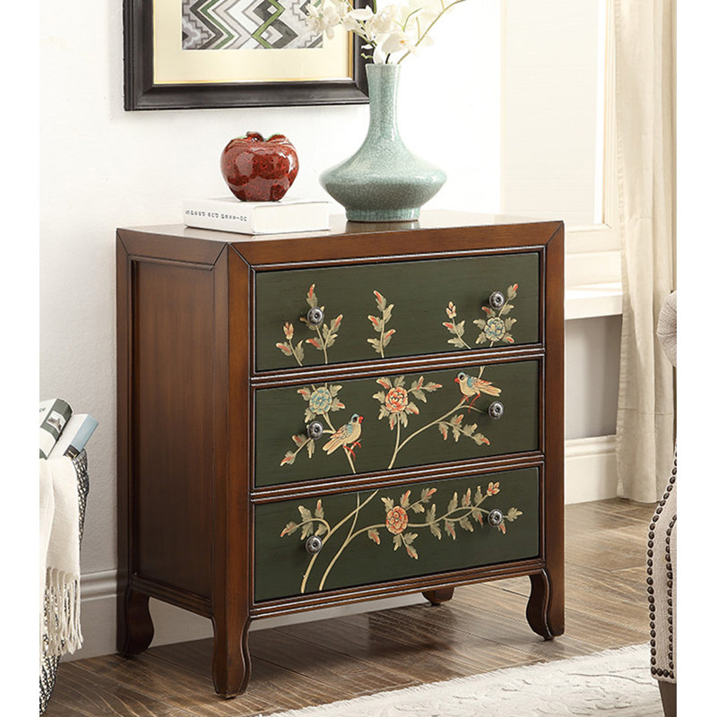 Tiroir de table de chevet rétro en bois massif de style traditionnel avec motifs floraux peints à la main convenant aux chambres et aux salons