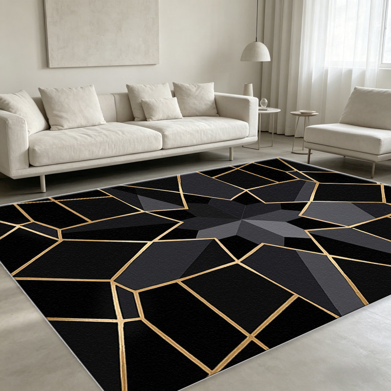 Black Gold Geometric area rugs for Living Room, Soft and Comfortable, Suitable for all seasons, easy to maintain, machine washable Indoor floor mat, Under Table Farmhouse suitable for Bedroom, Dining Room, Study,  Balcony, Home Decor Patio