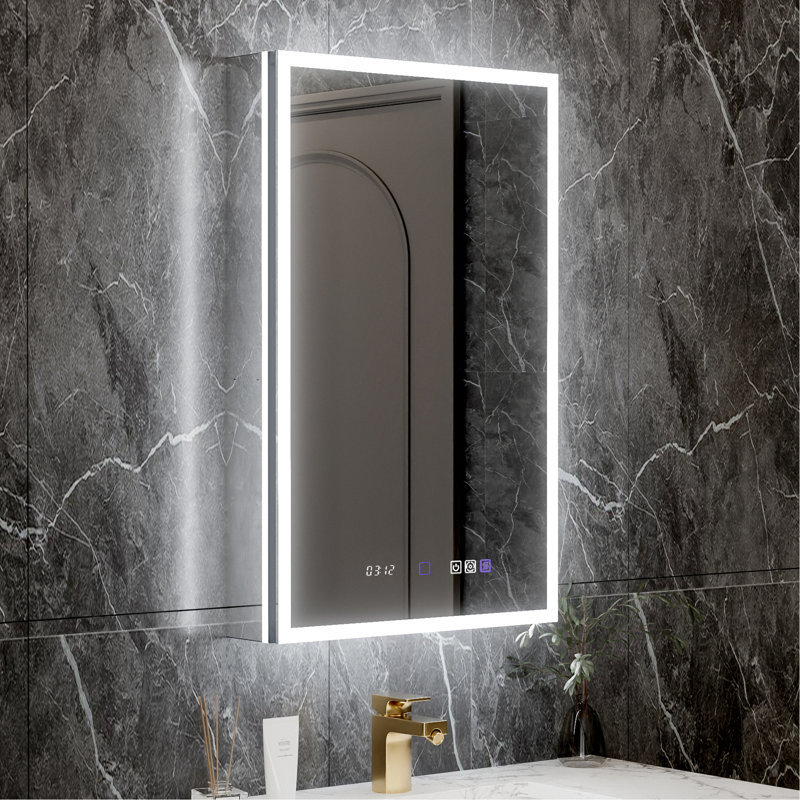 20 po x 32 po, armoire intelligente, salle de bain, double éclairage, contrôle de la luminosité, armoire à pharmacie intégrée de conception intégrée avec façade avant et rétro-éclairée, prise de courant haute et gradation continue