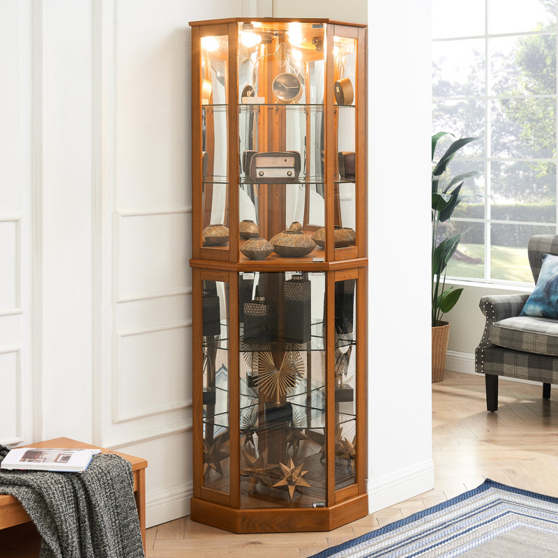 Lighted Showcase Cabinet In Oak, Mirrors, 6 Adjustable Shelves Oak Curio With Lights & Mirrored, Shelving Unit, Oak