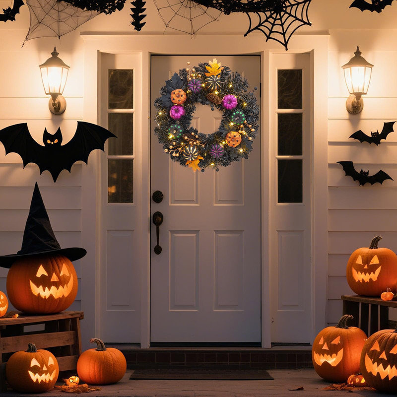 Couronne de citrouilles d'Halloween pré-illuminée de 50 cm avec minuterie pour porte d'entrée