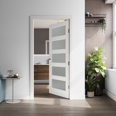 80''H 5-Lite Frosted Glass And Solid Manufactured Wood Primed Slab Door Without Hardware Kit