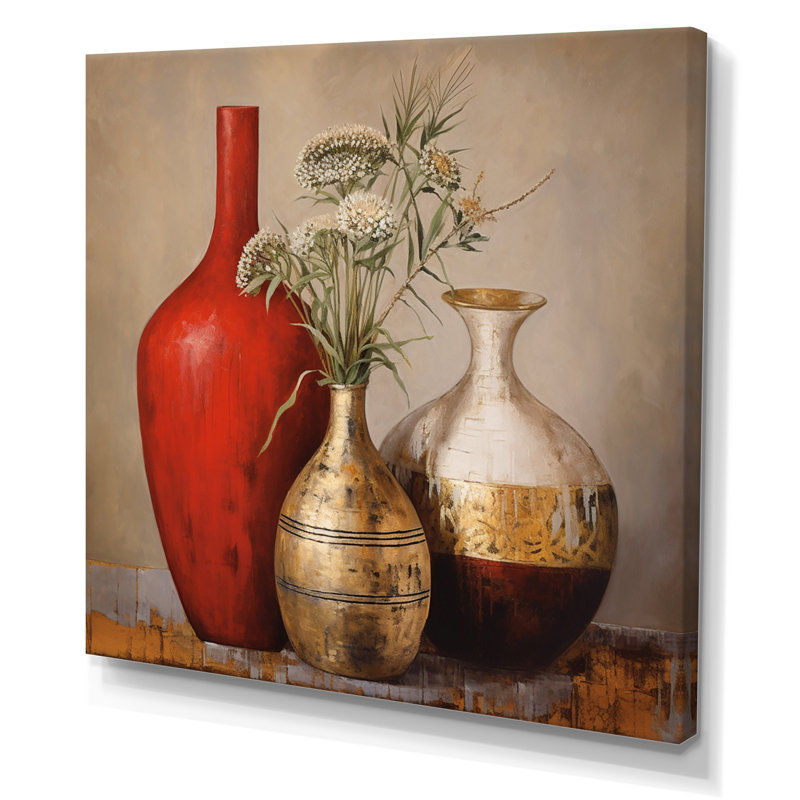 Cottage Vases rouges séchées, fleurs de blé I sur toile, Toile tendue, H 36 po x l 36 po