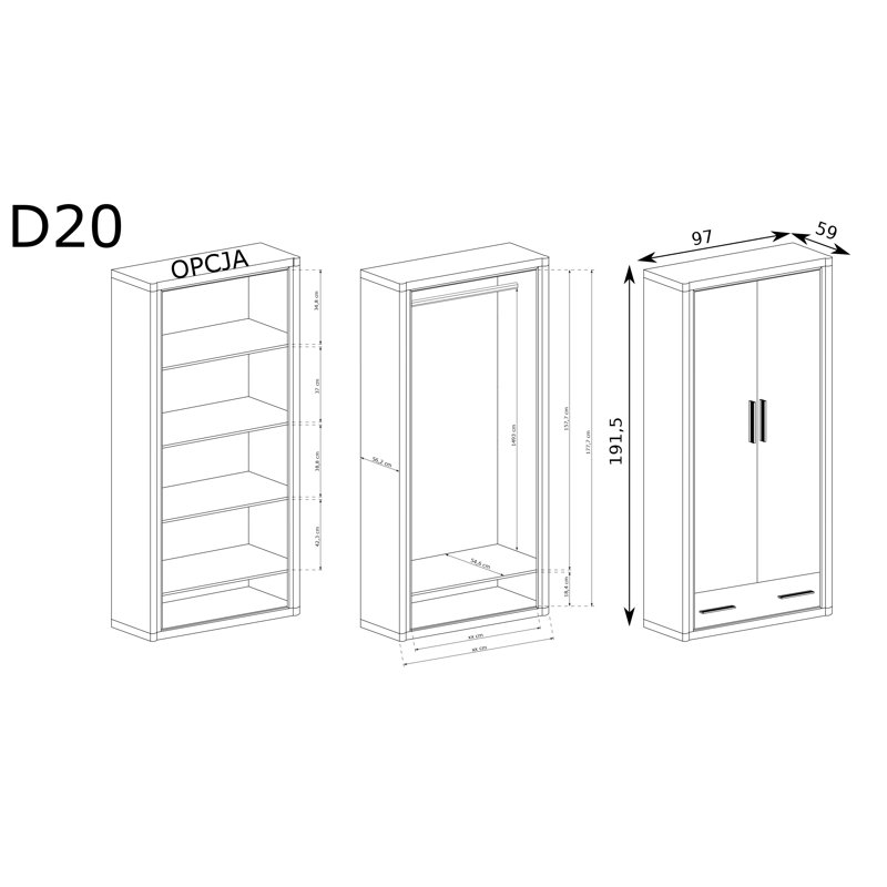 Bedroom Wardrobe Dallas D-20, Truffle Oak, No shelves