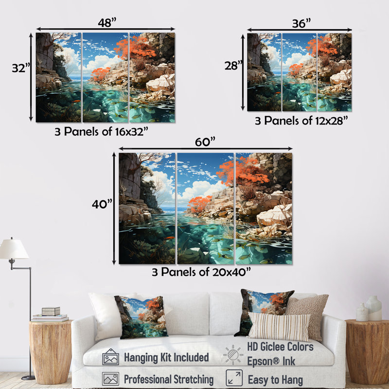 Coraux et corail patchwork paysage - ensemble de salon art mural corail, H 28 po x l 36 po x P 1 po