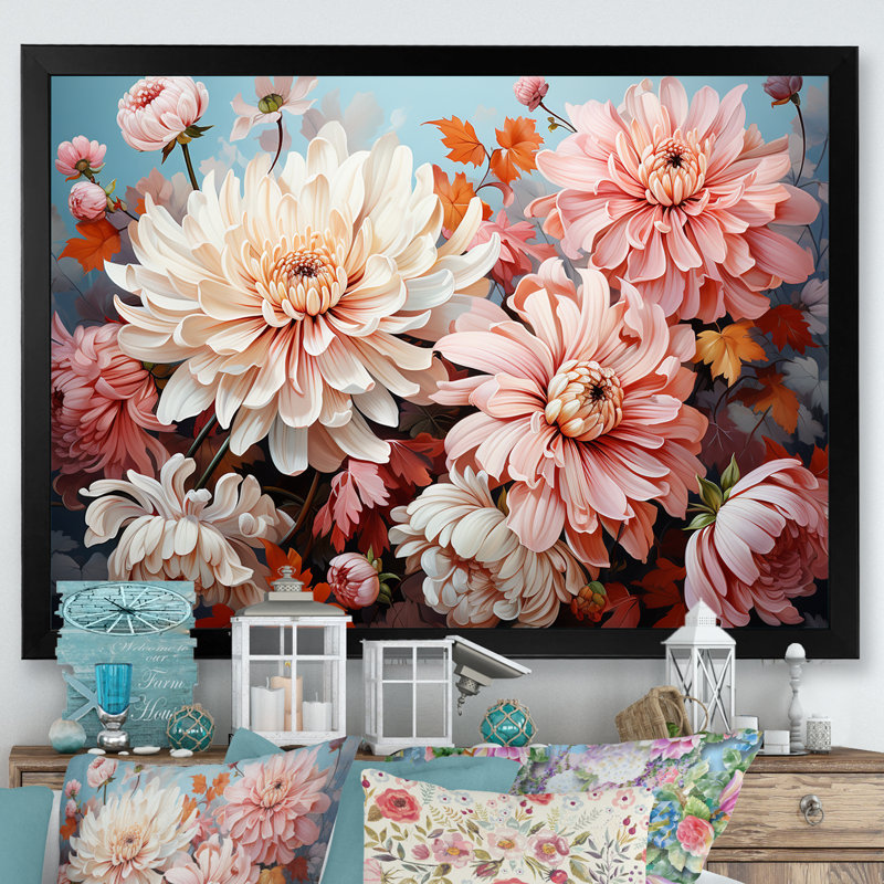 Chrysanthèmes - collage rose et blanc - impression, Cadre simple noir, H 12 po x l 20 po x P 1 po