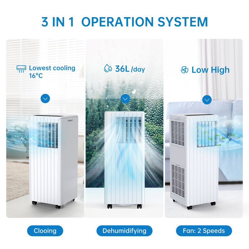7000 BTU Portable 3-in-1 Air Conditioner, Cooling Dehumidifier Fan, 3 Speeds 24H Timer Remote Window Kit, Energy Class A for Rooms, White