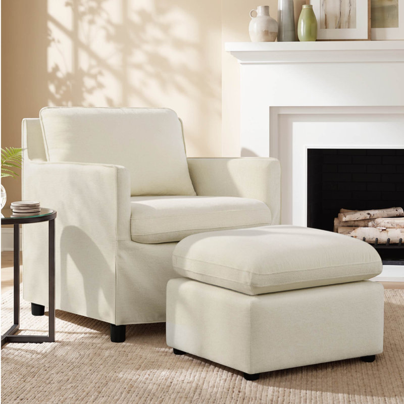 Fixed Armchair Set With Matching Ottoman – Sculptural Design & Washable Covers, Cream