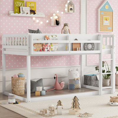 Lit superposé simple à profil bas avec échelle | Lit mezzanine et plancher convertible en bois massif pour enfants et adolescents | Barrières de sécurité et tablette de rangement, blanc