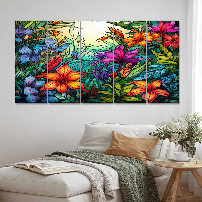 Vibrantly Happy Blossoming Tropical Flowers IV - Décoration murale fleurs - 5 panneaux égaux