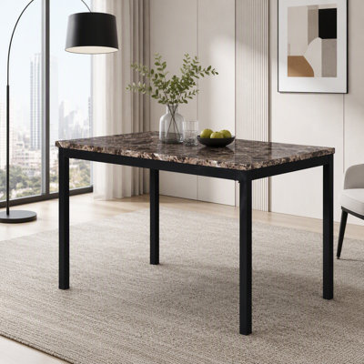 Table de salle à manger en métal avec plateau en faux marbre stratifié
