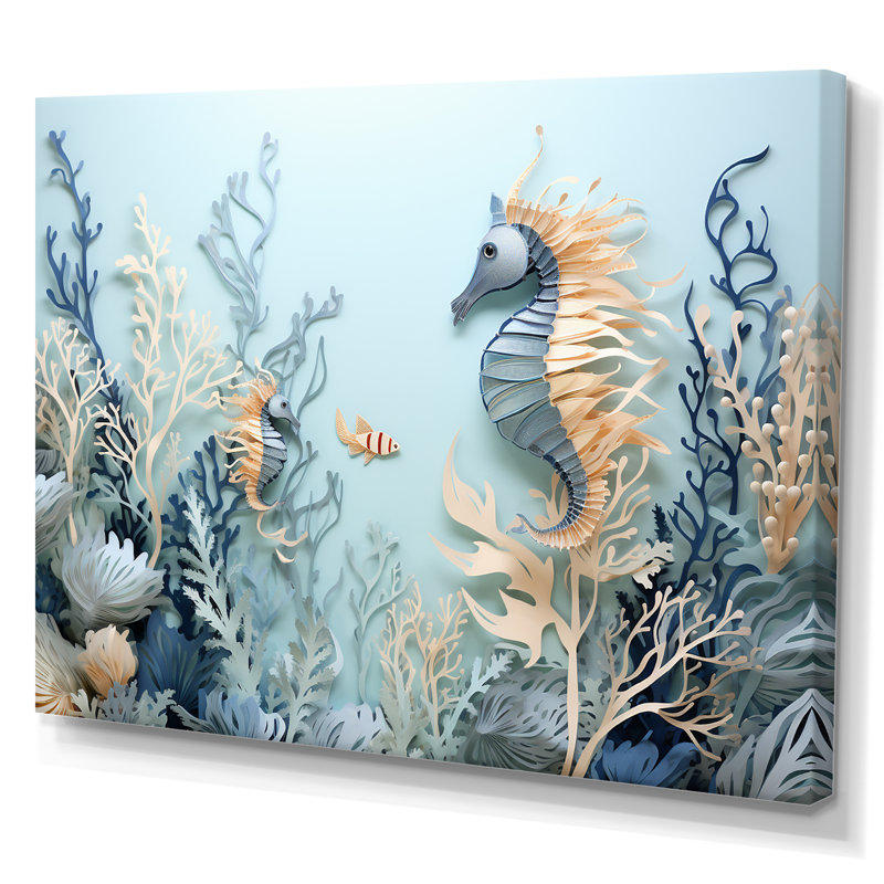 Collage dansant bleu et blanc avec des dragons de mer - Décoration murale plage et océan, Toile tendue