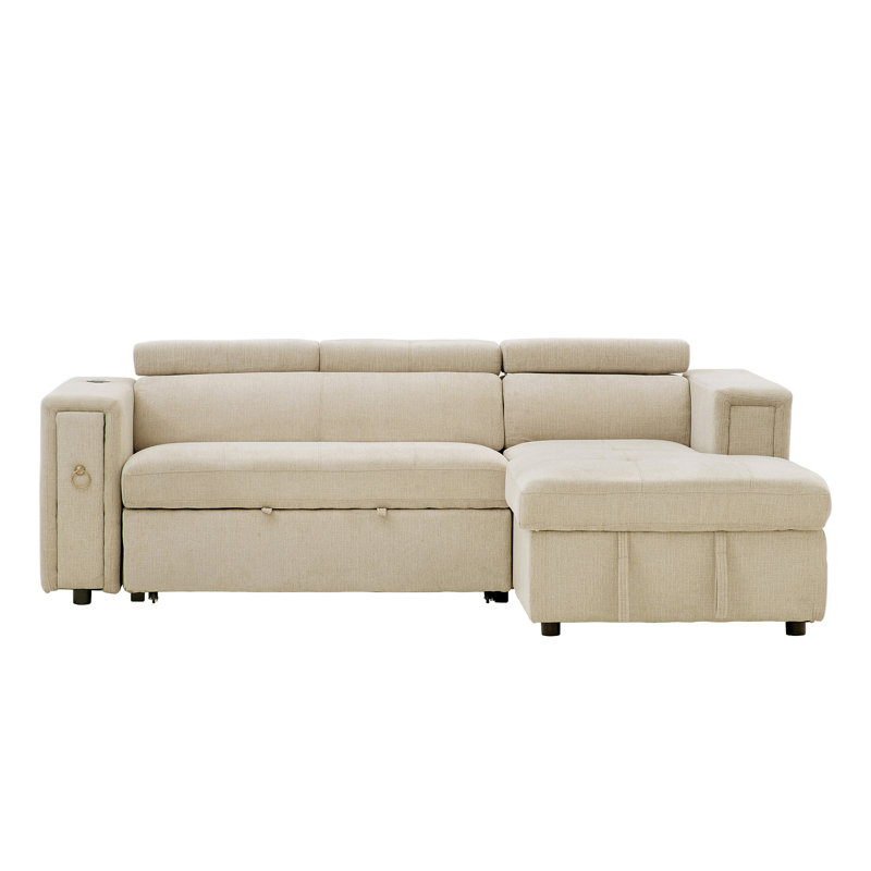 96" Multi-Functional Pull-Out Sofa Bed L-Shape Sectional Sofa With Adjustable Headrest, Beige Linen