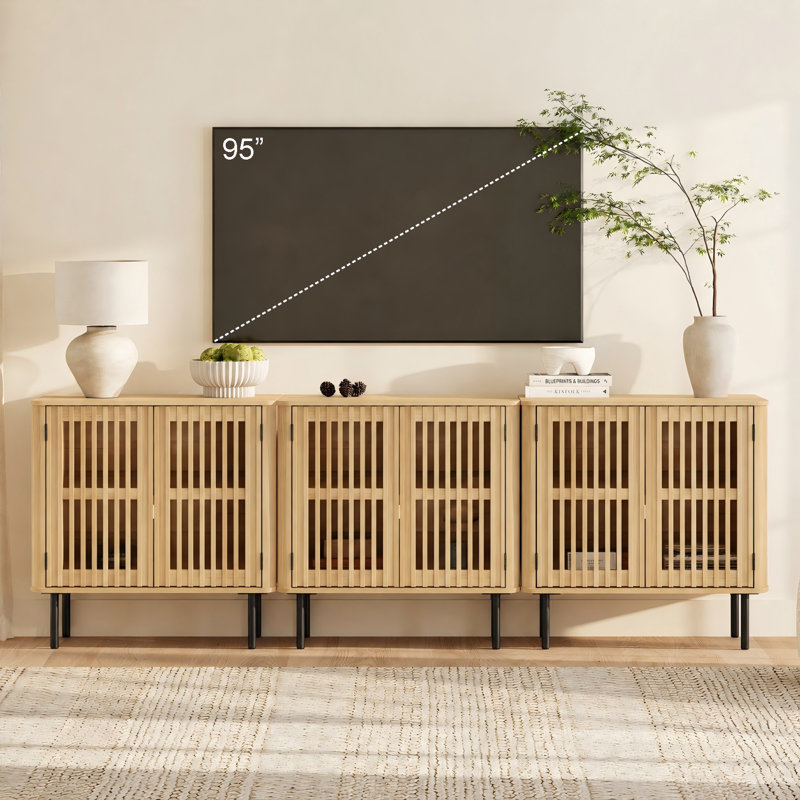 Meuble télé moderne du milieu du siècle, 240 cm de large, en bois, avec rangement pour téléviseurs jusqu'à 254 cm (100 pouces), chêne.
