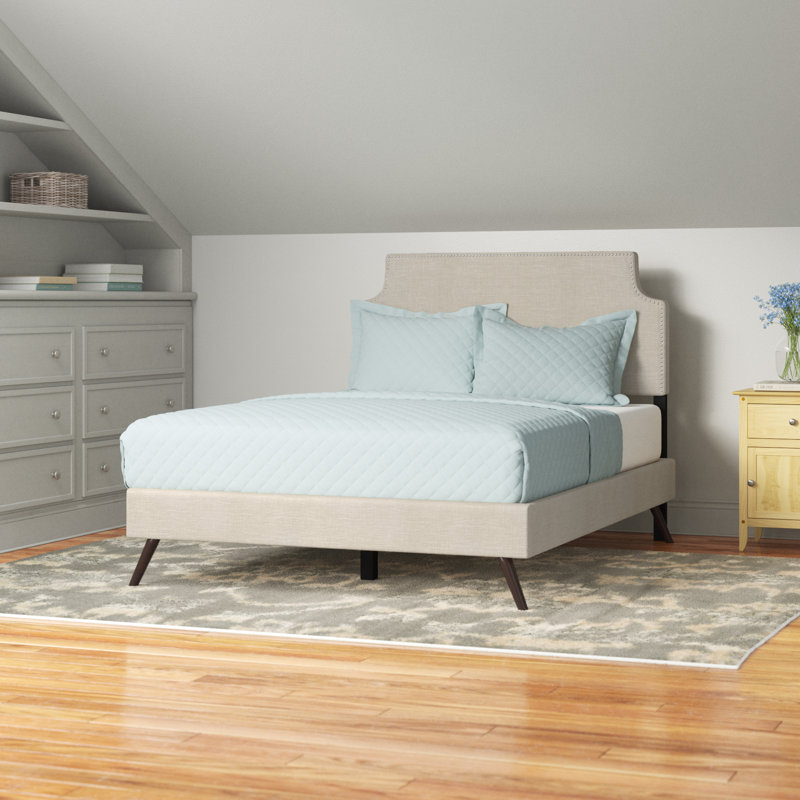 Lit plateforme Corene avec pieds évasés ronds, Mélange de polyester beige, Grand