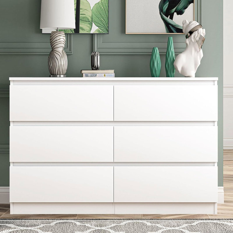 Commode spacieuse moderne à 6 tiroirs avec commode pour le salon de la chambre à coucher, Blanc