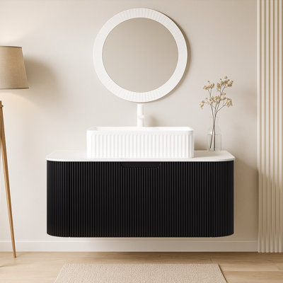 Meuble-lavabo mural de 30 po avec lavabo rectangulaire en céramique, façade de tiroir à rayures 3D et rangement à fermeture en douceur - Pré-assemblé