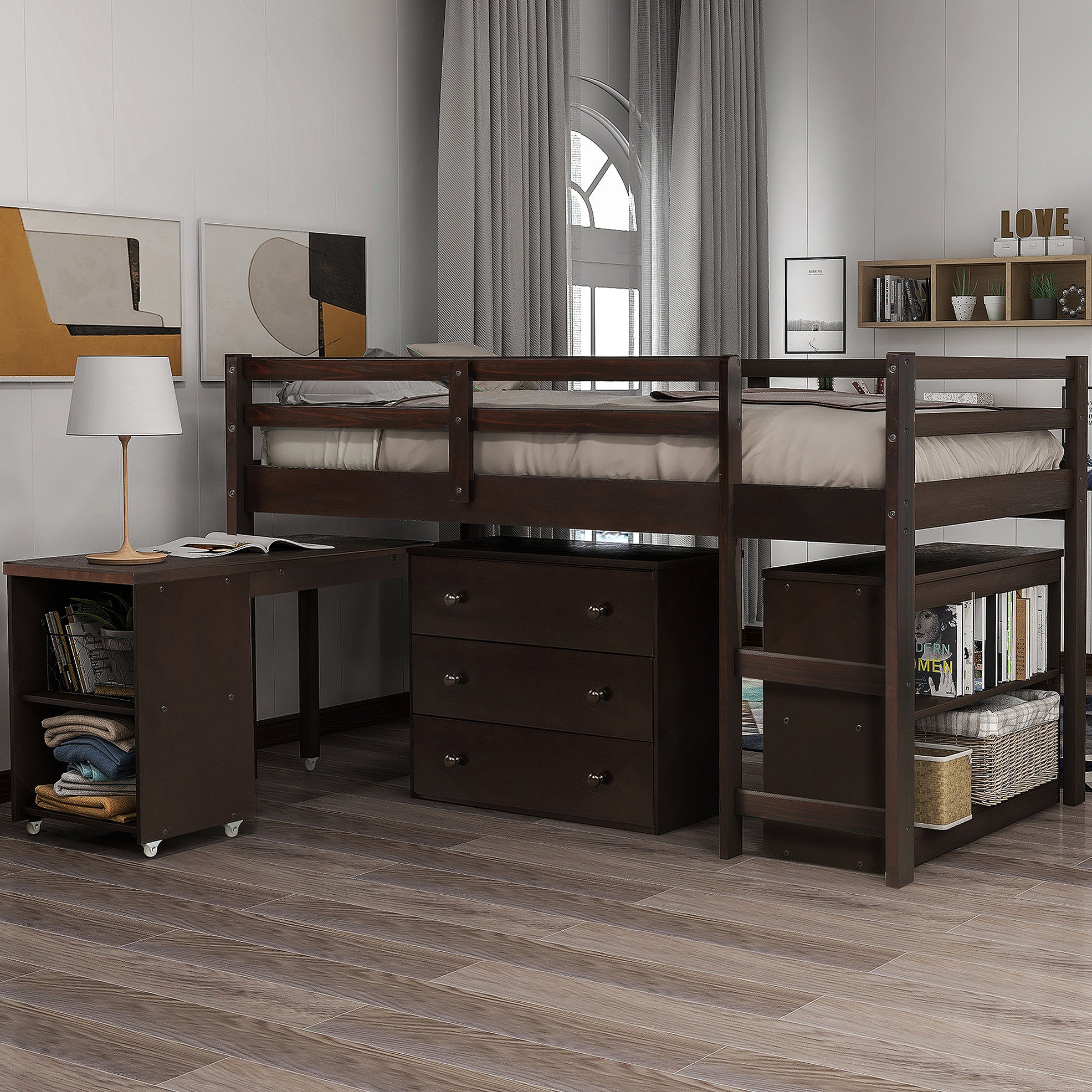 Latitude Run® Low Study Loft Bed With Cabinet And Rollin…